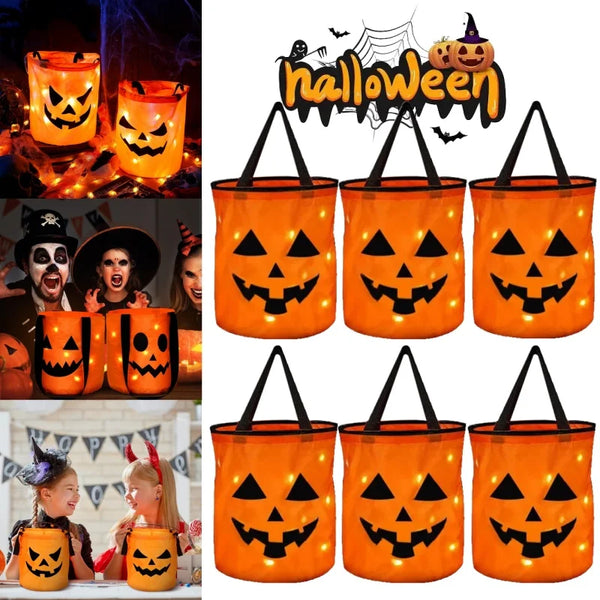 LED Light Halloween Trick or Treat Bucket Pumpkin Candy Bags Collapsible Halloween Basket for Thanksgiving Party Gift Basket